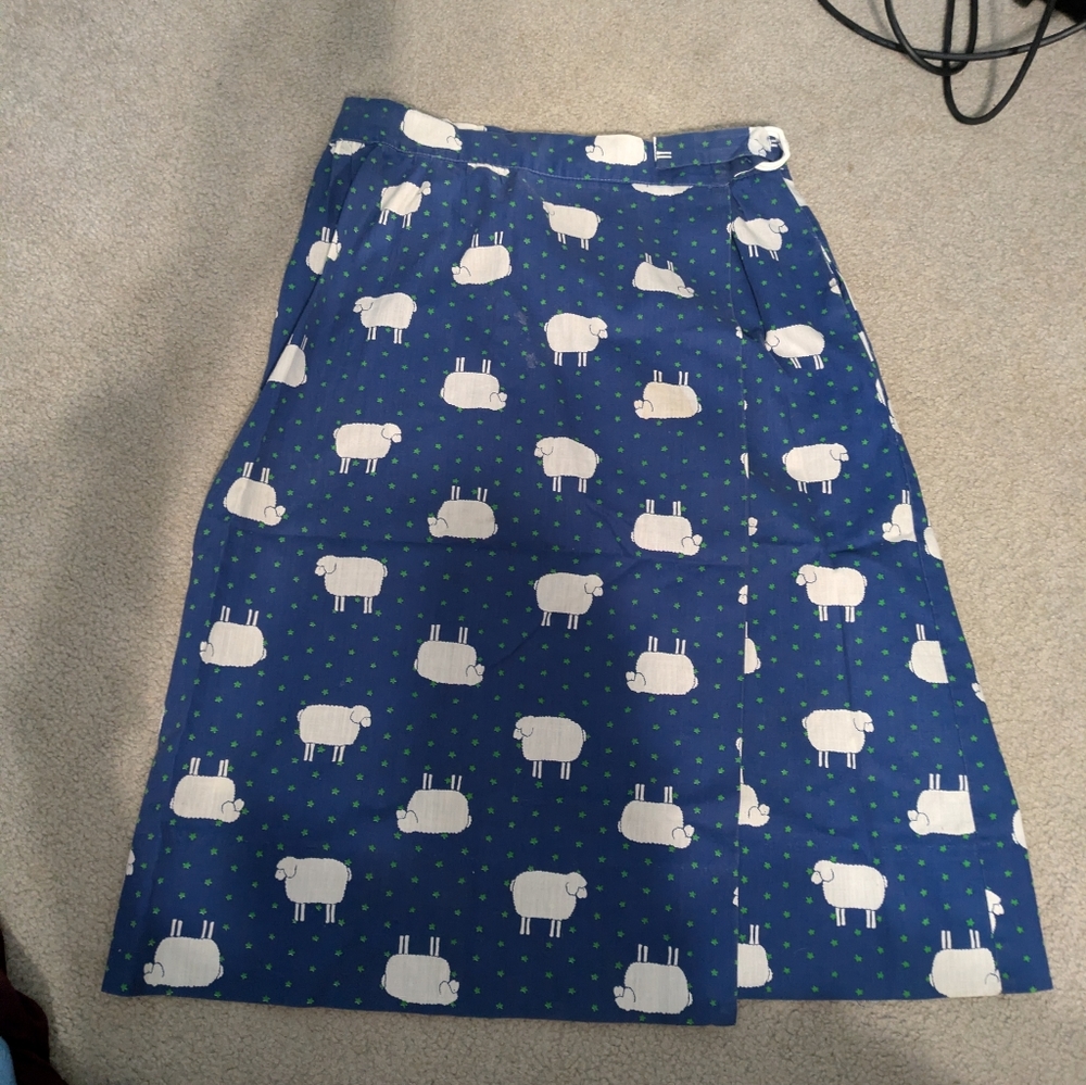 vintage Blue Sheep Print Wrap Skirt